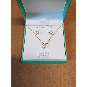 Rachel Zoe Sterling Silver Bunny Pearl Cubic Zirconia Necklace and Earrings Set